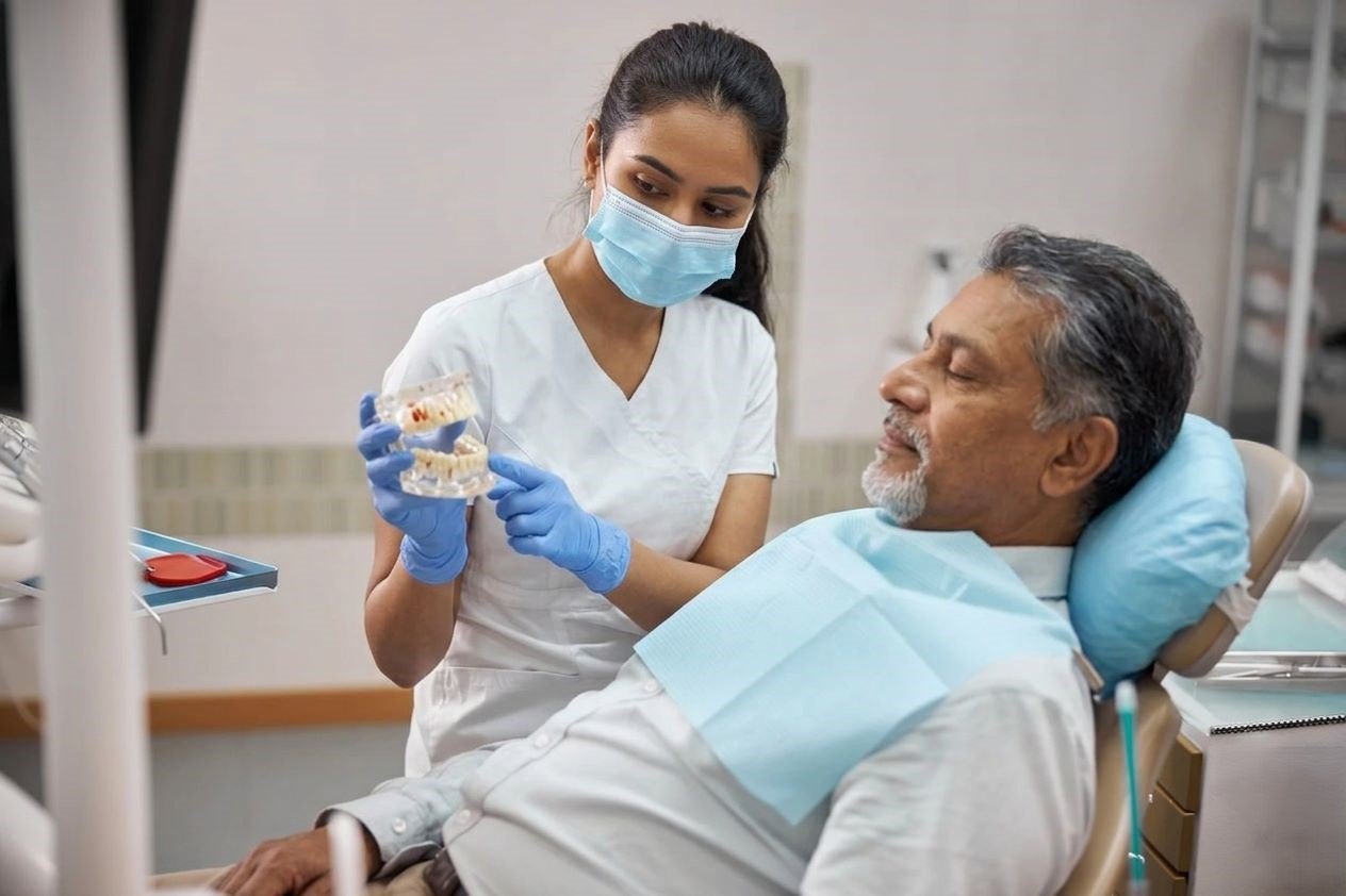 Qualified Female Dental Specialist Holding Dental Implants